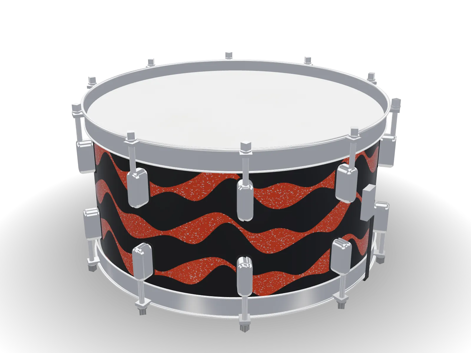 A 14 by 6.5 inch snare drum wrapped in black with flowing orange sparkle ribbons, rendered in Drum Wrap Studio's 3D preview